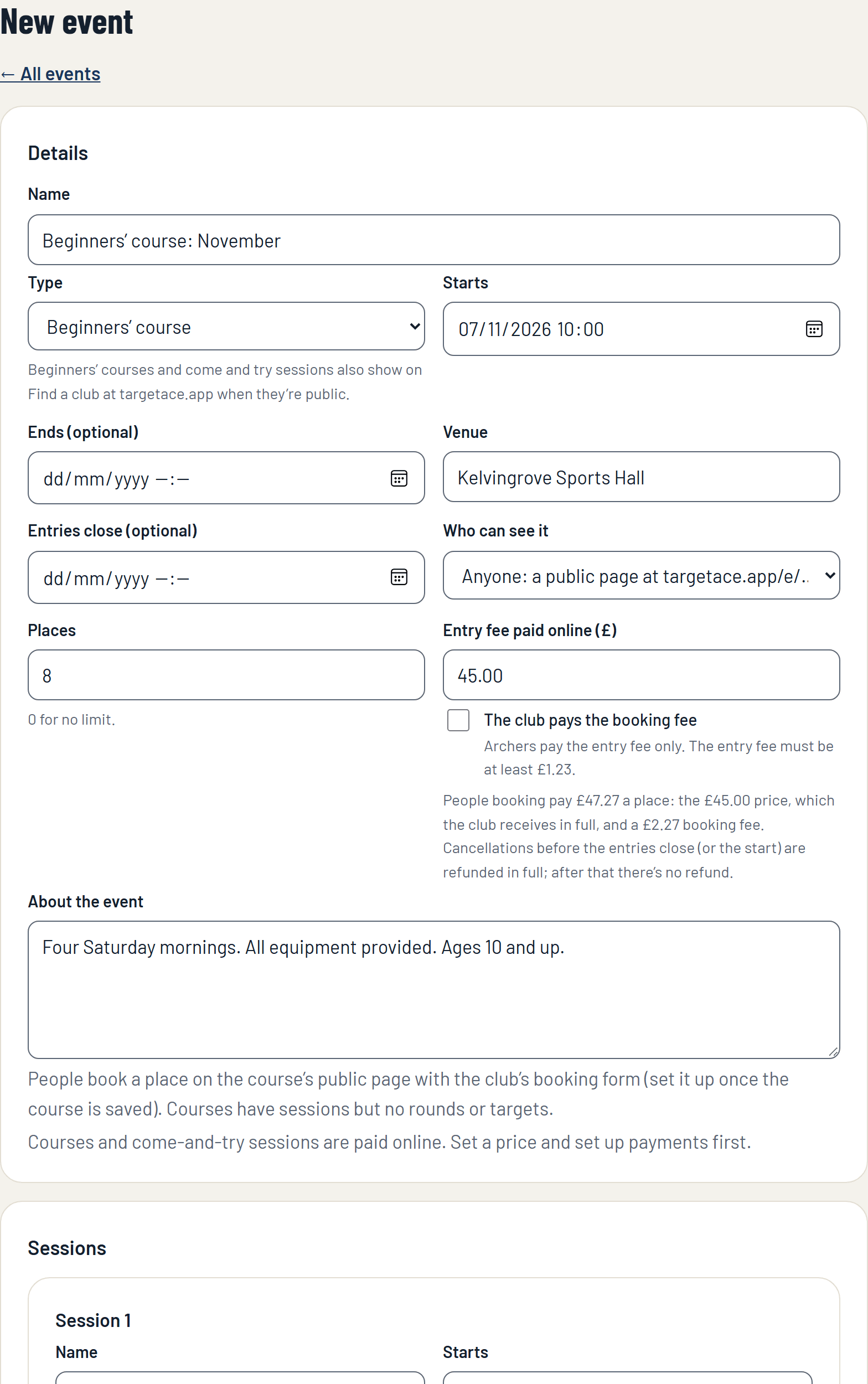 The form for a new beginners' course