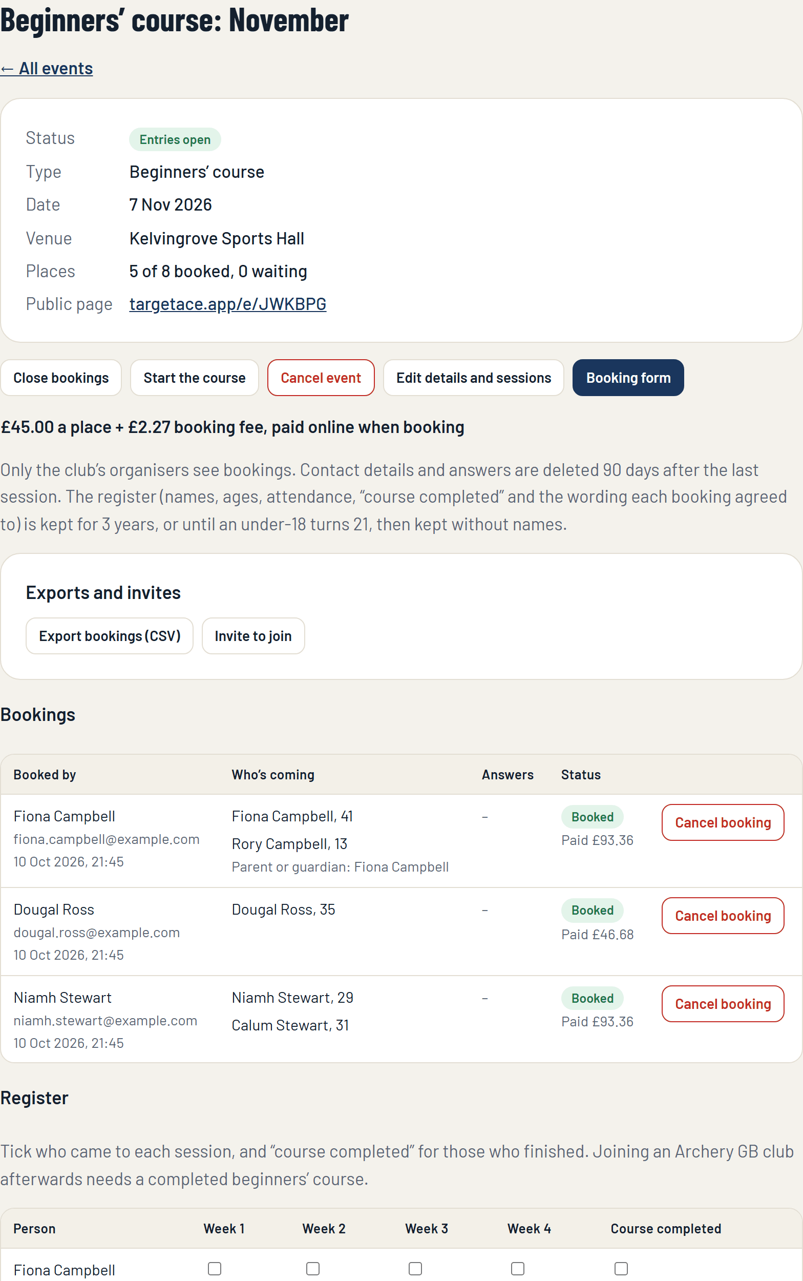 A course's page in the console, with its bookings and register