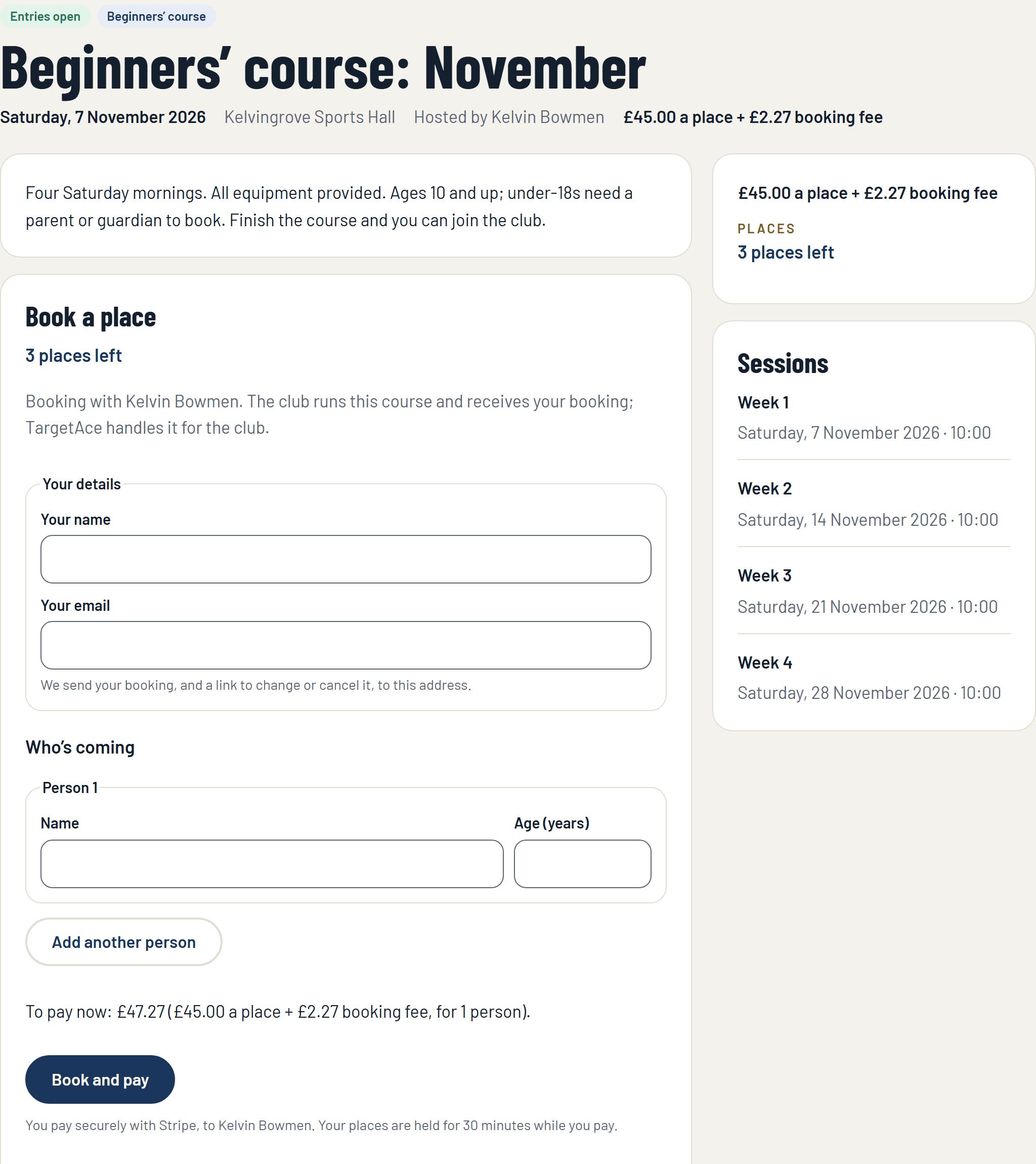 The public page of a course, with the booking form