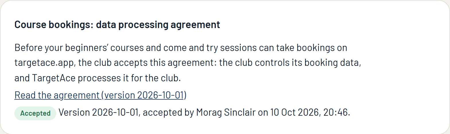 The course bookings agreement on the Events page
