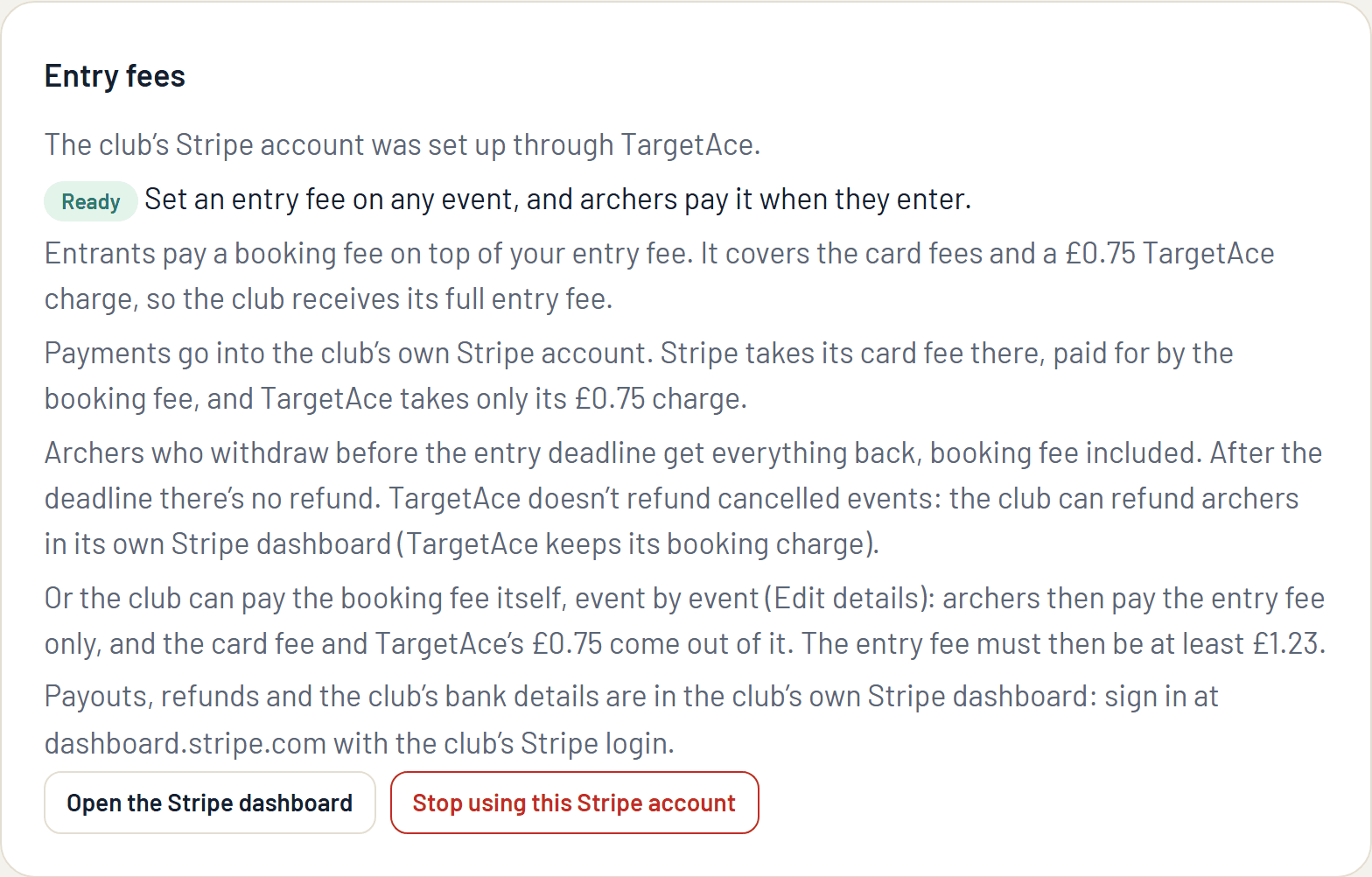 The Entry fees panel in Club settings, showing Ready