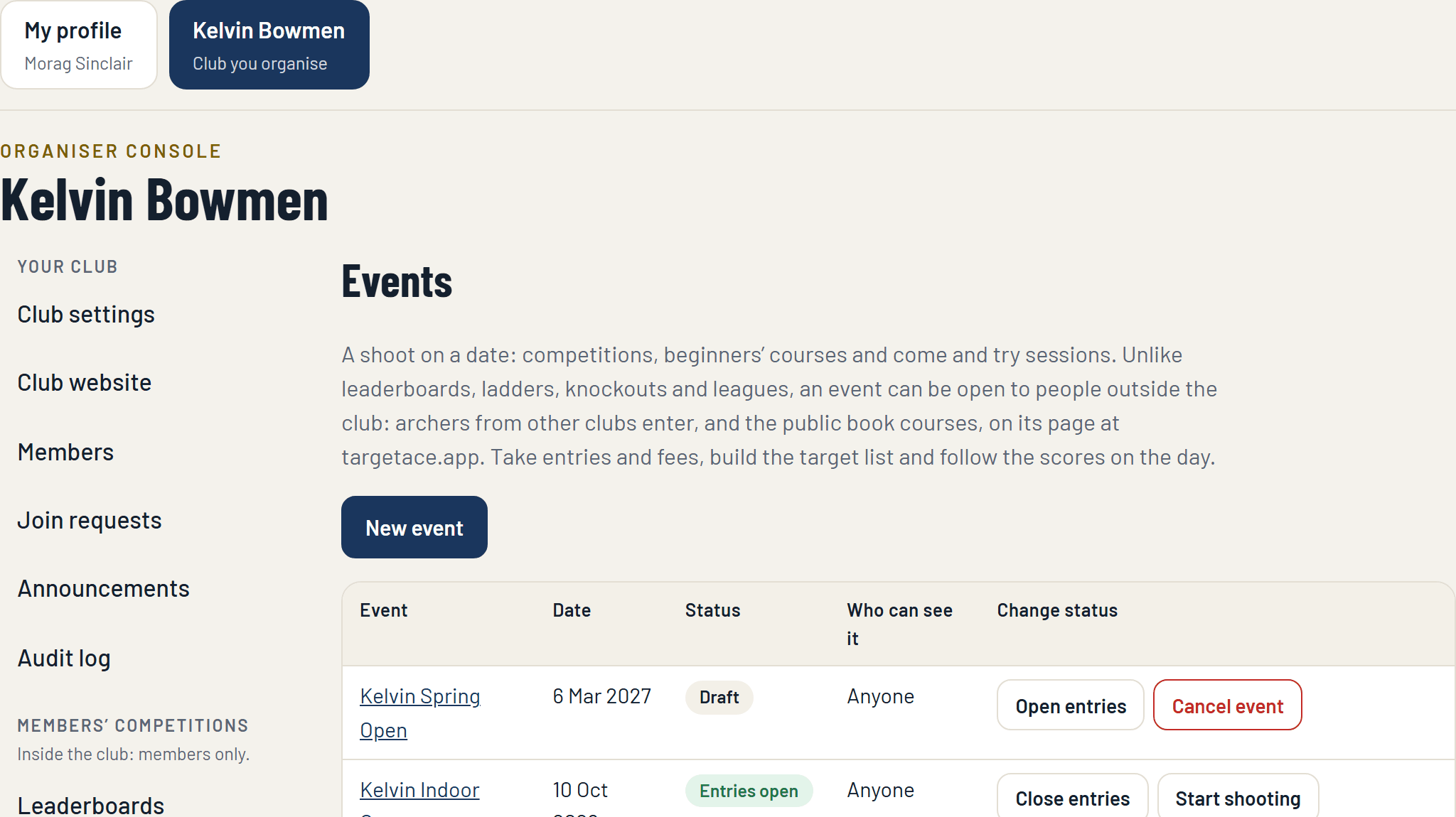 The Events page of the console with the New event button