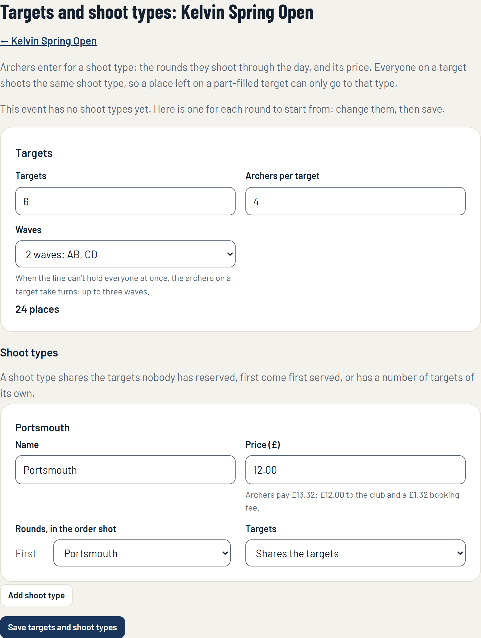 The Targets and shoot types page