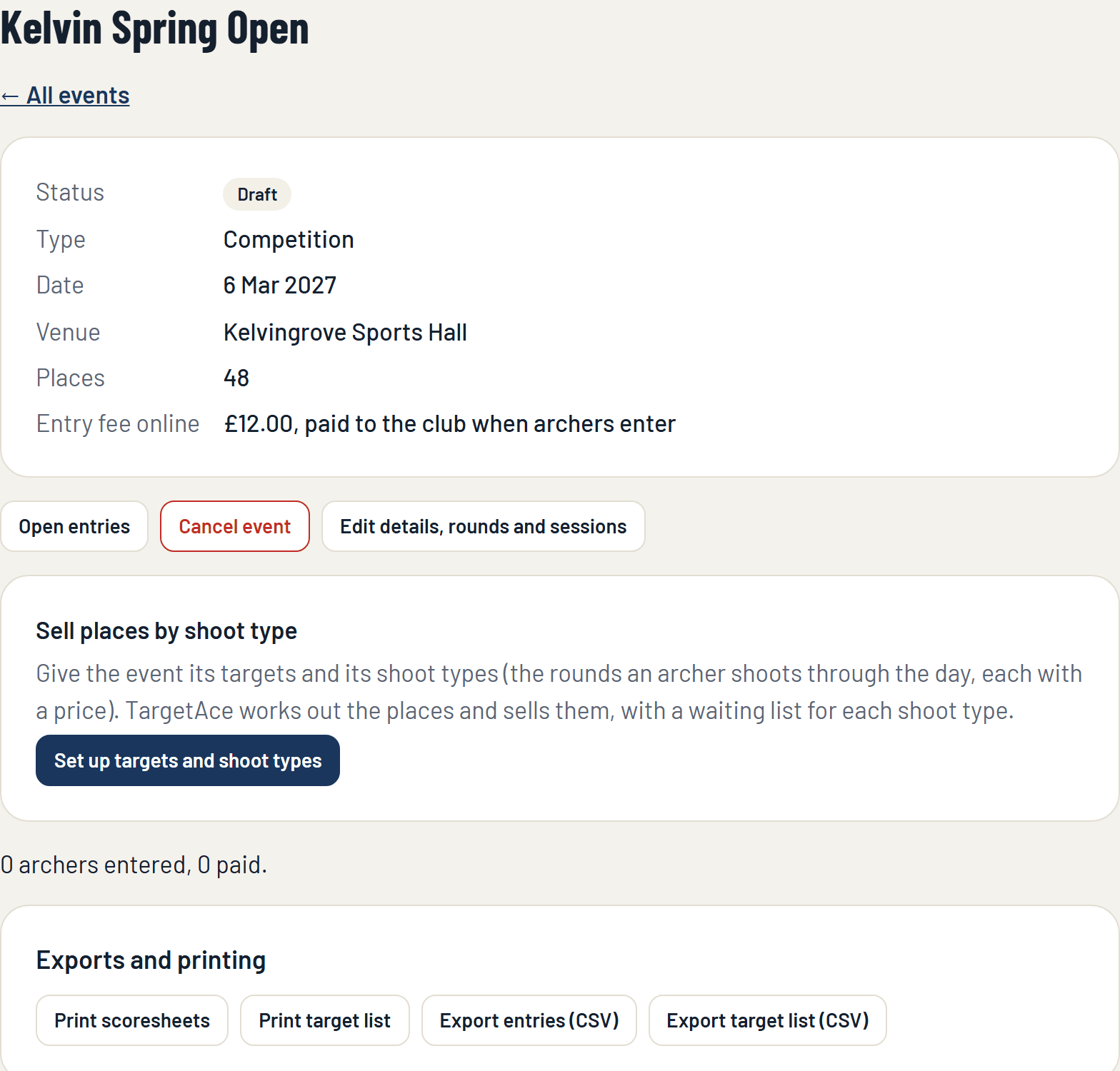 A draft event's page with the Open entries button