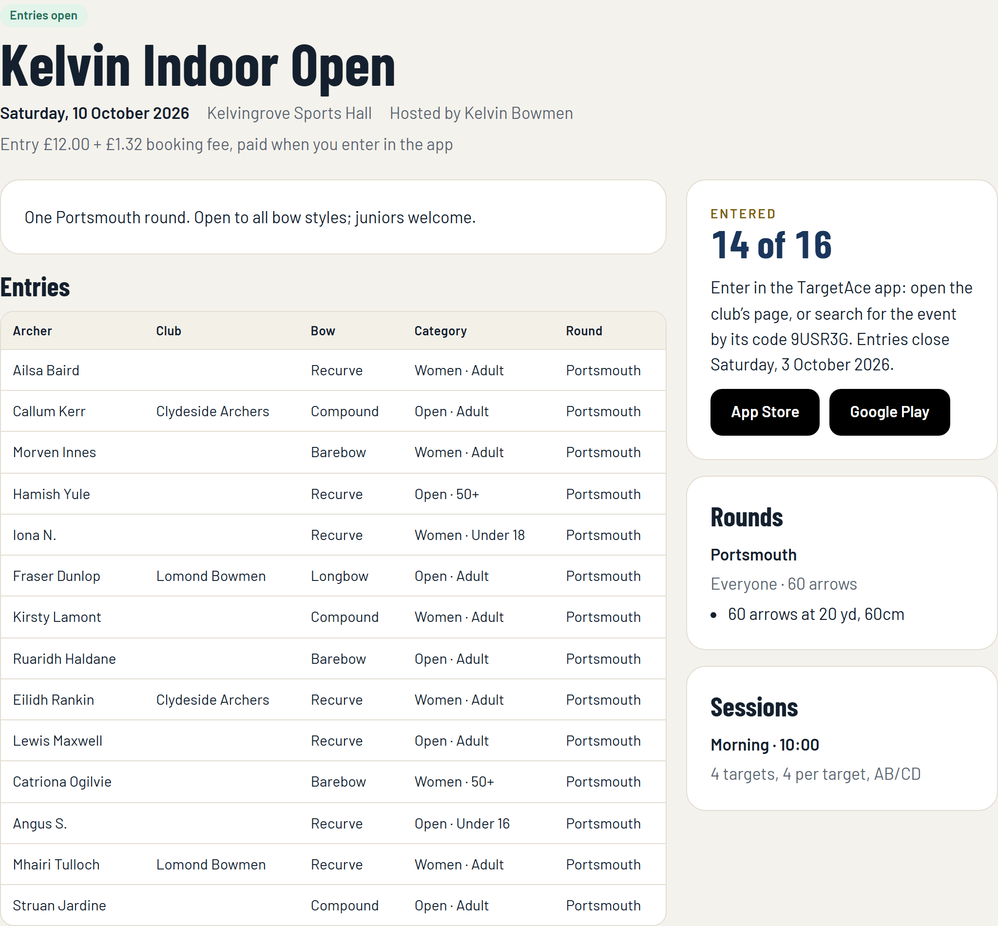 The public page of an event taking entries