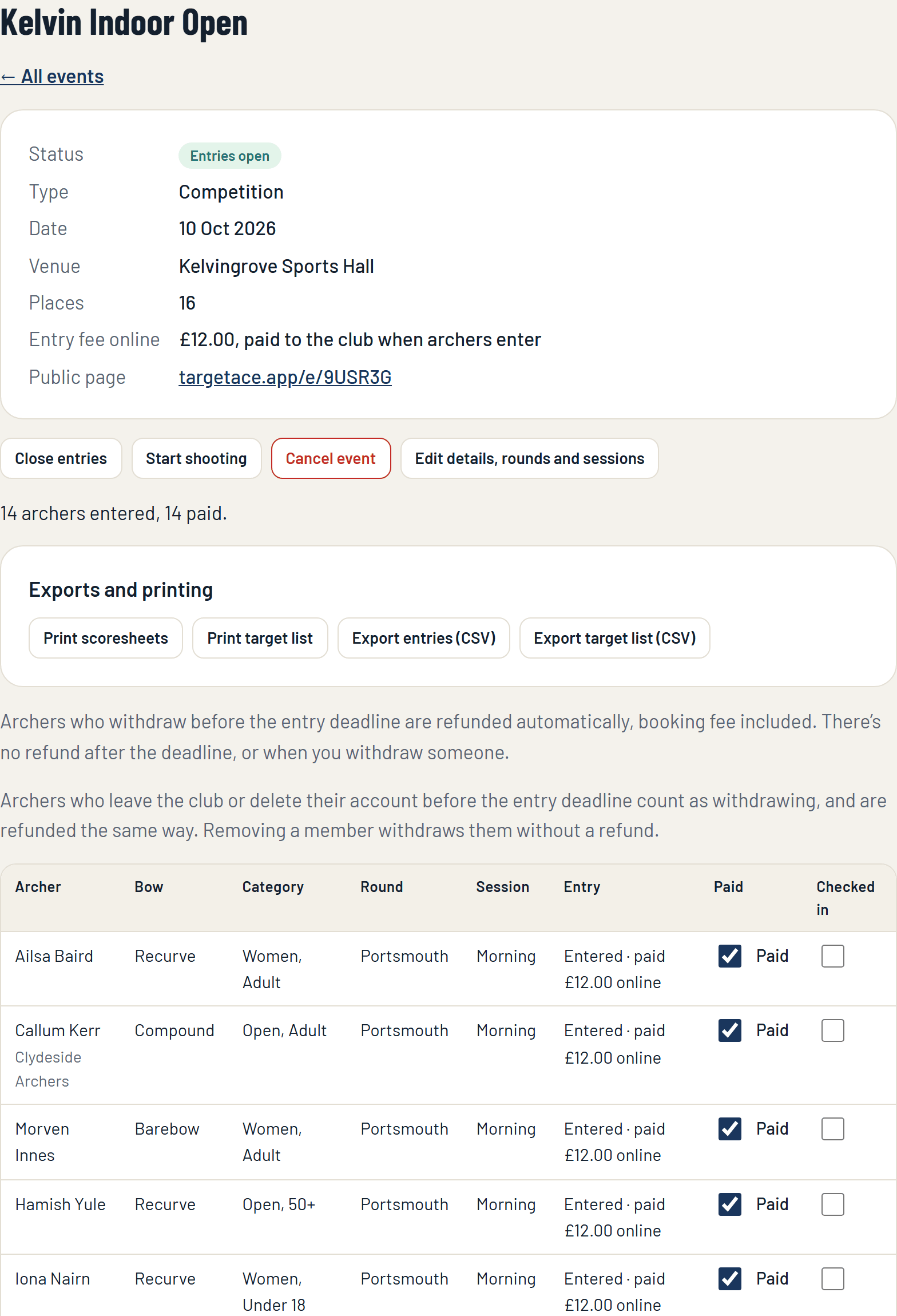 The entries list for an event in the console
