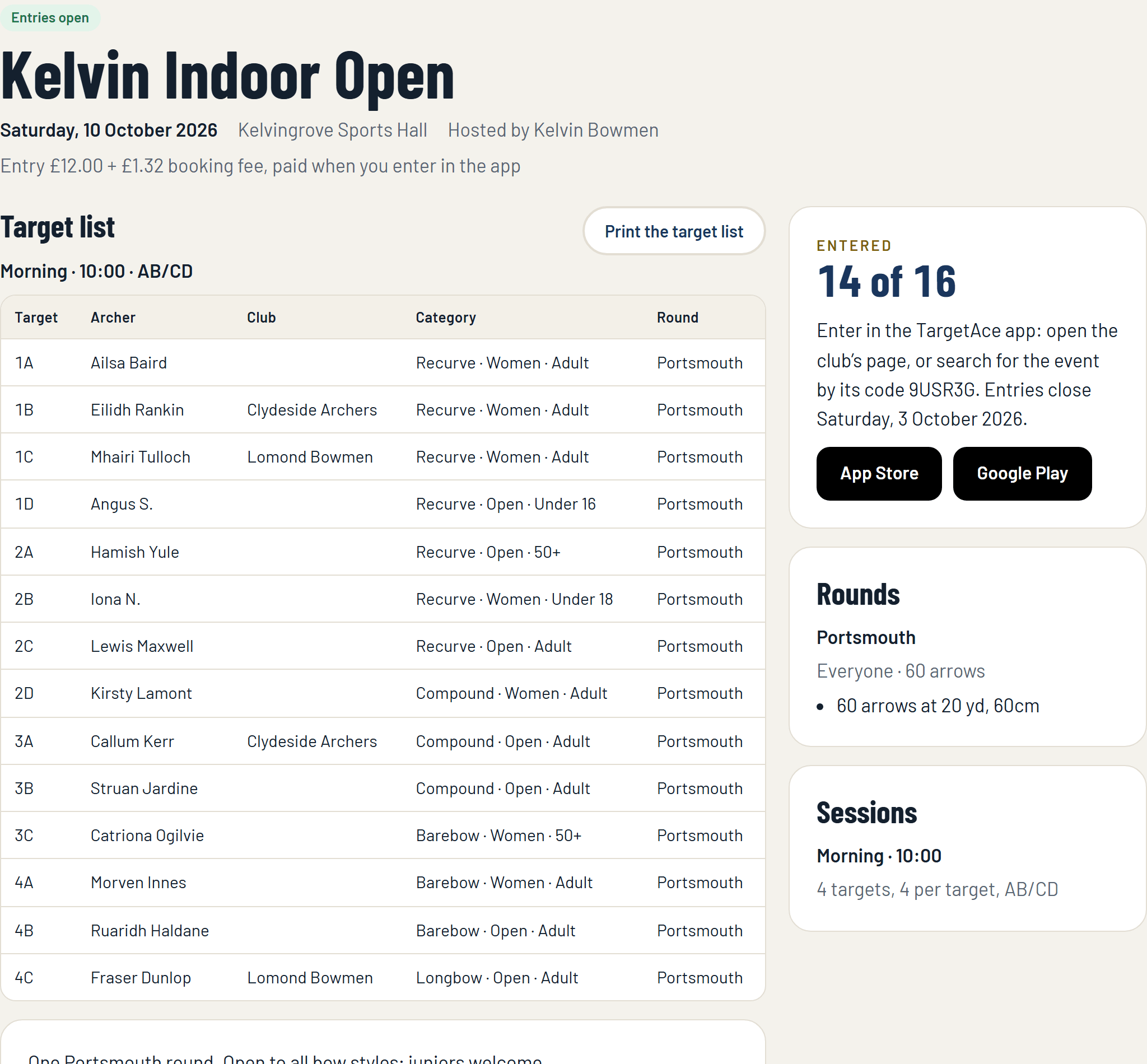 The target list on the public page