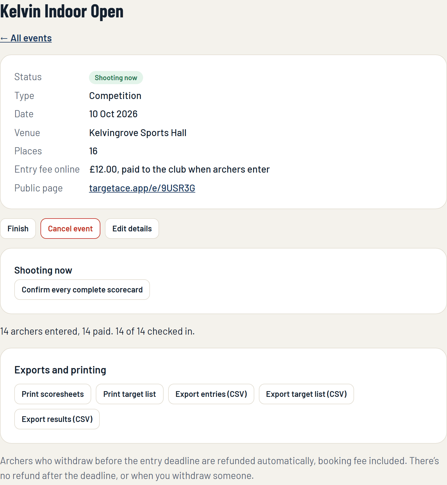 The event's page while shooting, with Confirm every complete scorecard