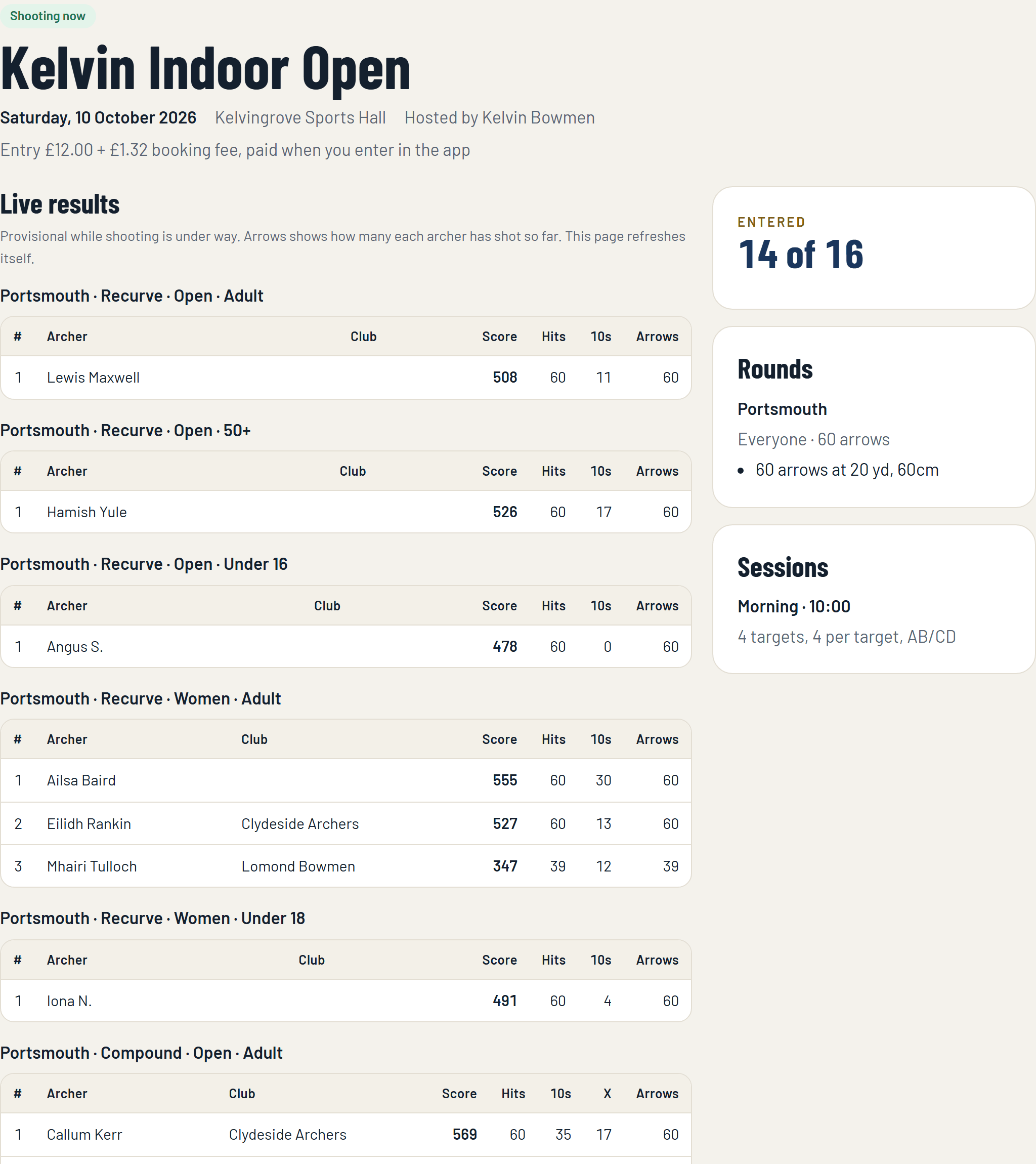Live results on the public page