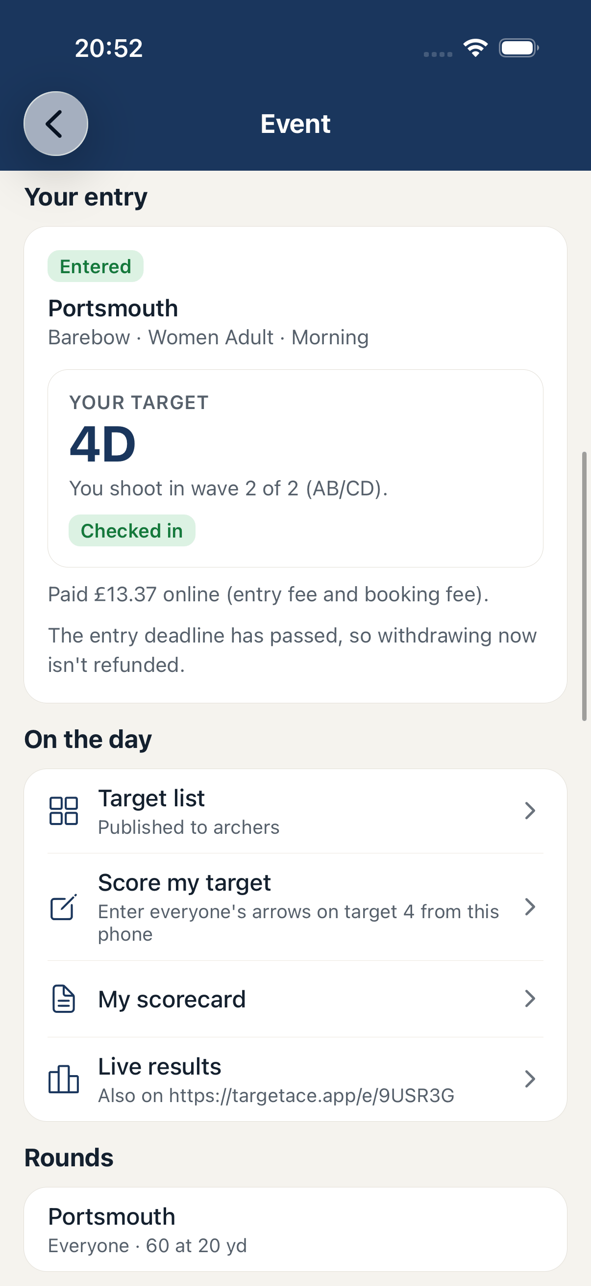 An archer's view of the event in the app, showing their target