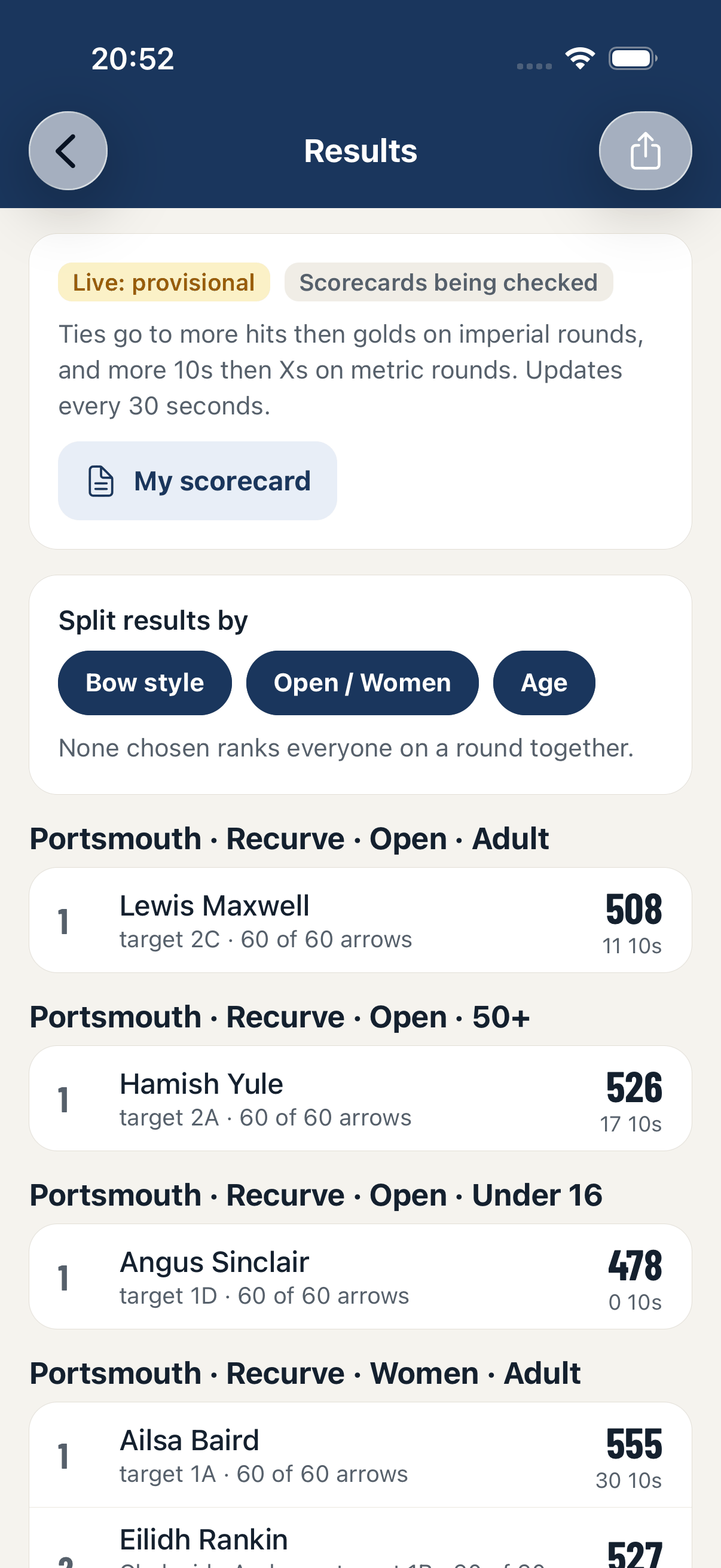 Live results in the app