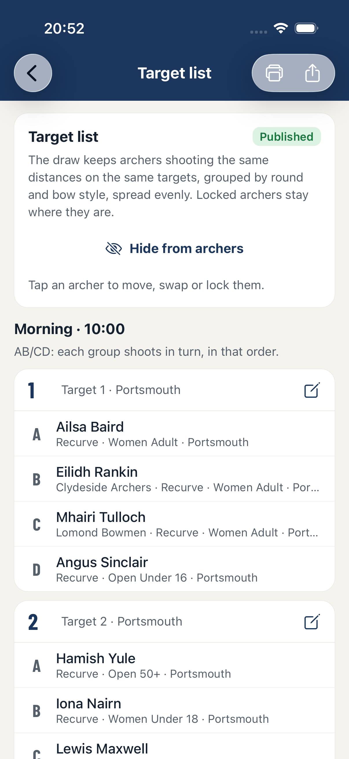 The Target list screen in the app