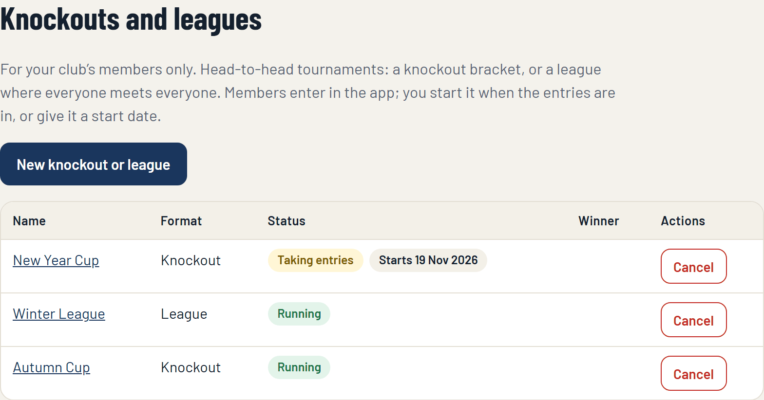 The Knockouts and leagues page of the console