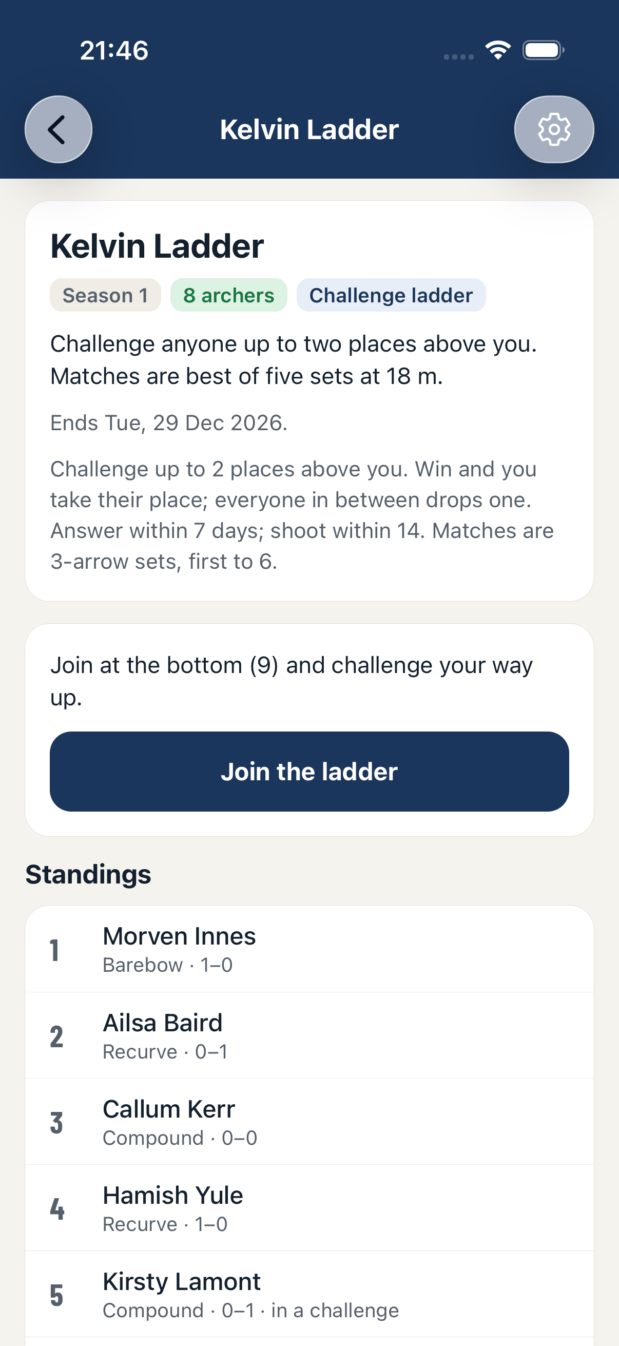 A ladder in the app, with its rules and the Join button