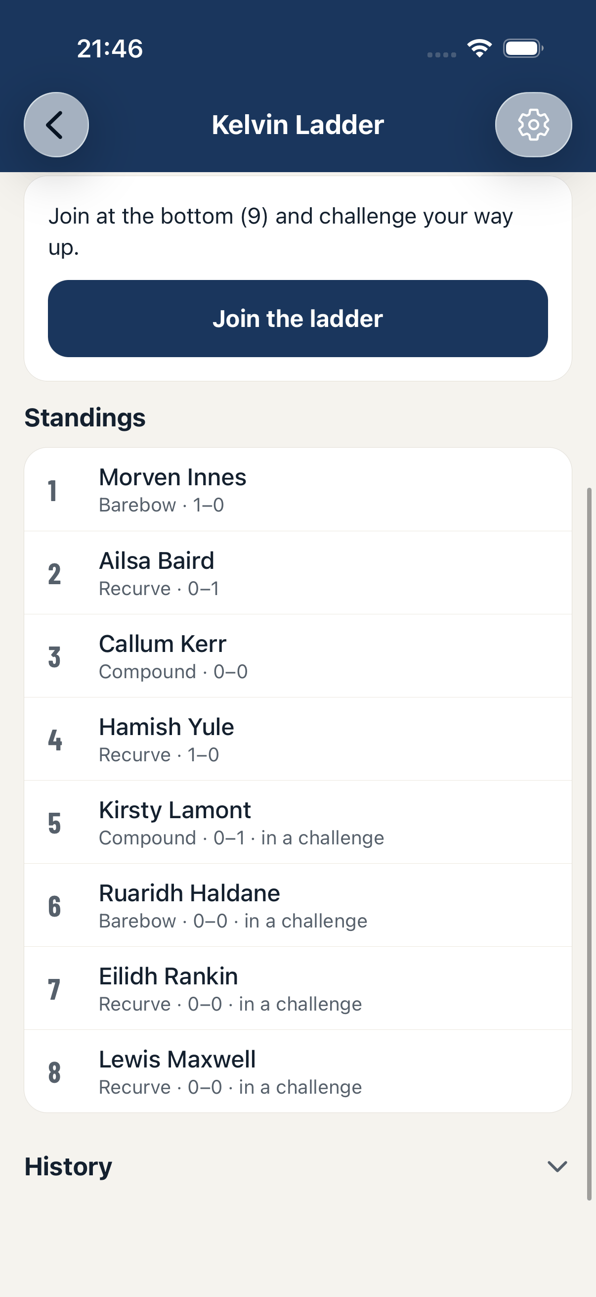 The standings of a ladder in the app