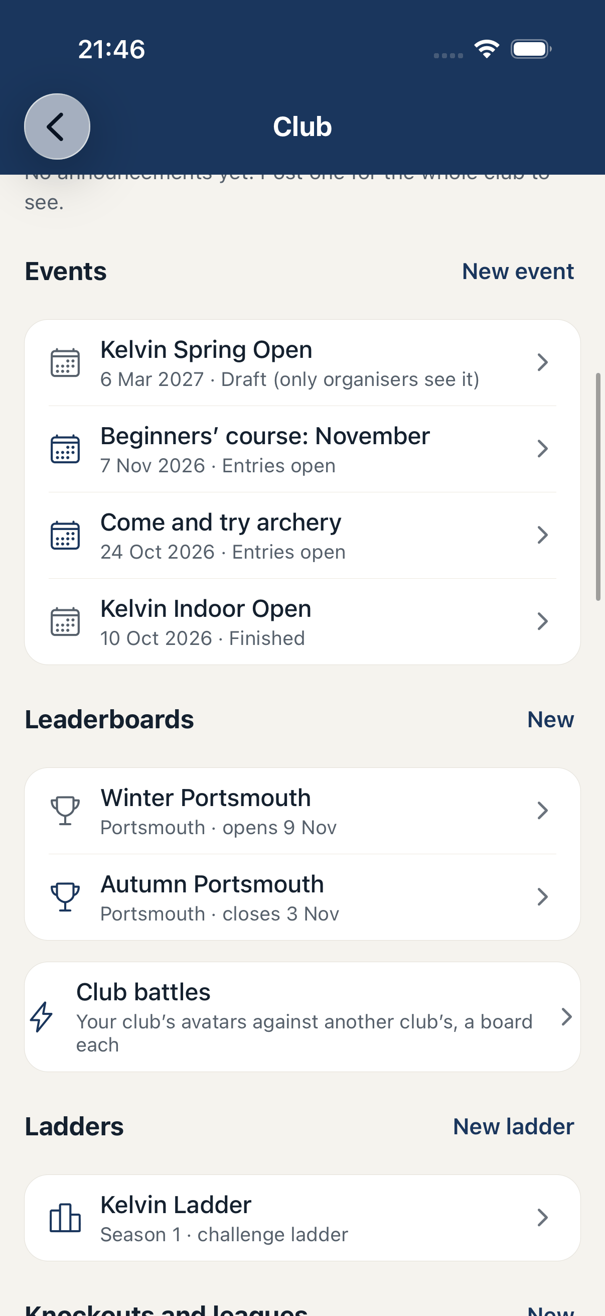 The club's page in the app, listing its leaderboards